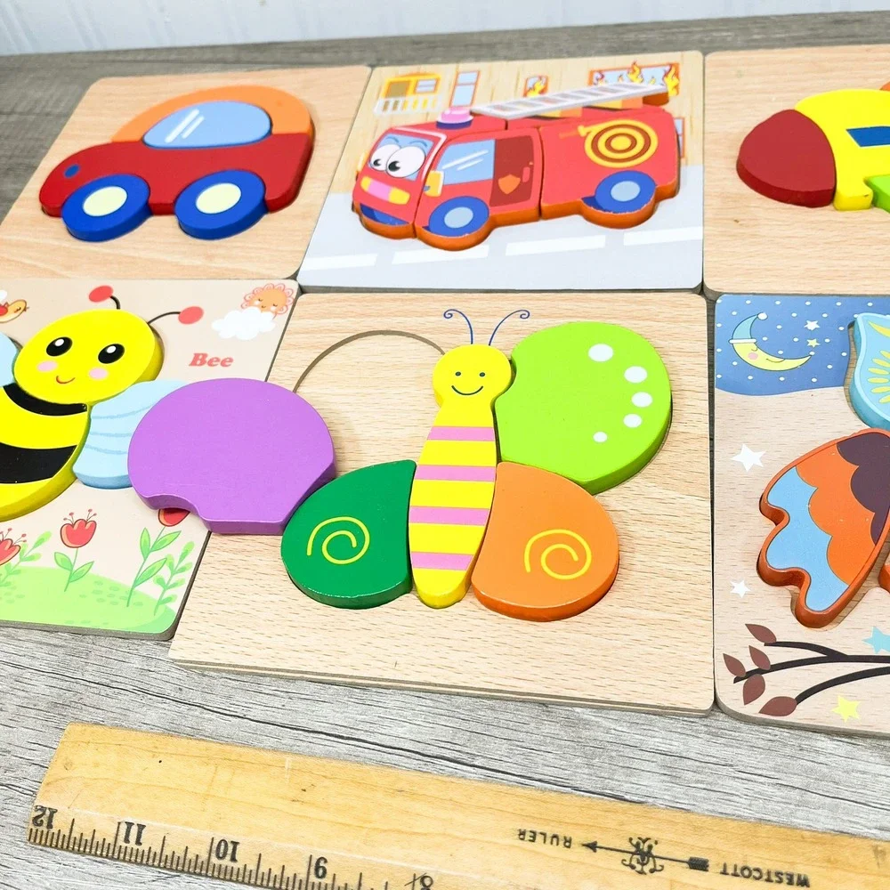 Wooden Toddler Chunky Puzzle Set 6pc Animals Transportation Montessori Toys